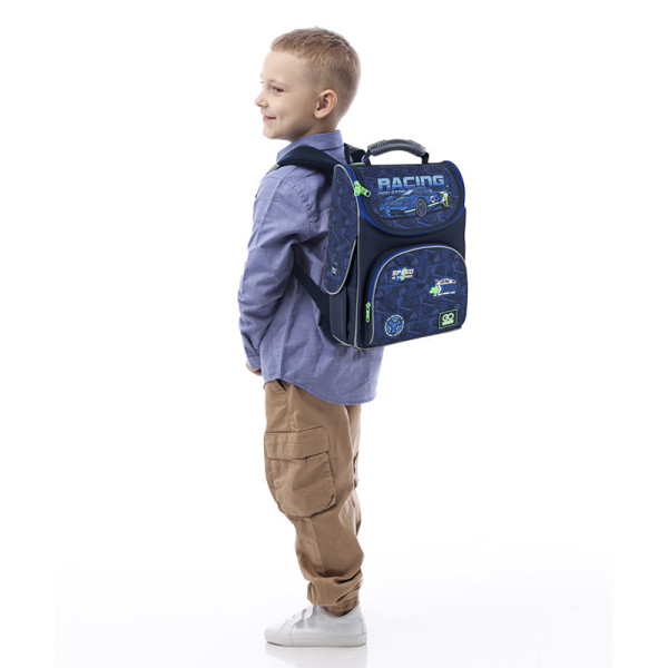 Рюкзак шкільний каркасний GoPack Racing GO25-5001S-6  подарунок пляшка Kite  34x26x13 синій